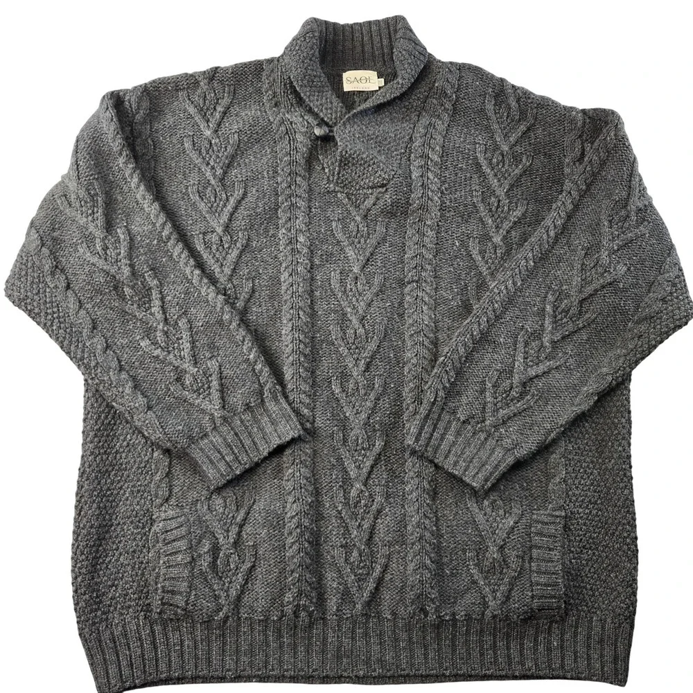 SAOI Sweater Mens M Gray Collared Cable-Knit‎ Pullover Heavyweight Wool Pockets